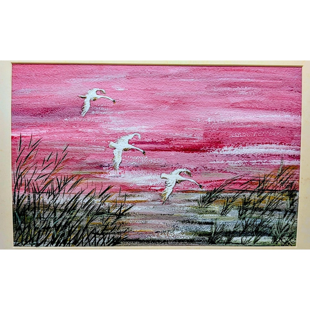 Vintage Original Tempera Painting Swans Over Lake Pink Sunset German Artist 1963